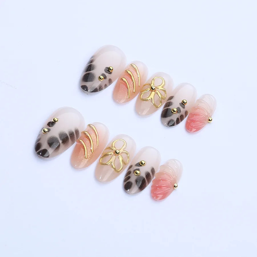 24PCS Luxury Fake Nails Gentle Blush Ombre Almond Press on Nails with 3D Floral Gold Steel Beads Design Sweet Removable Manicure