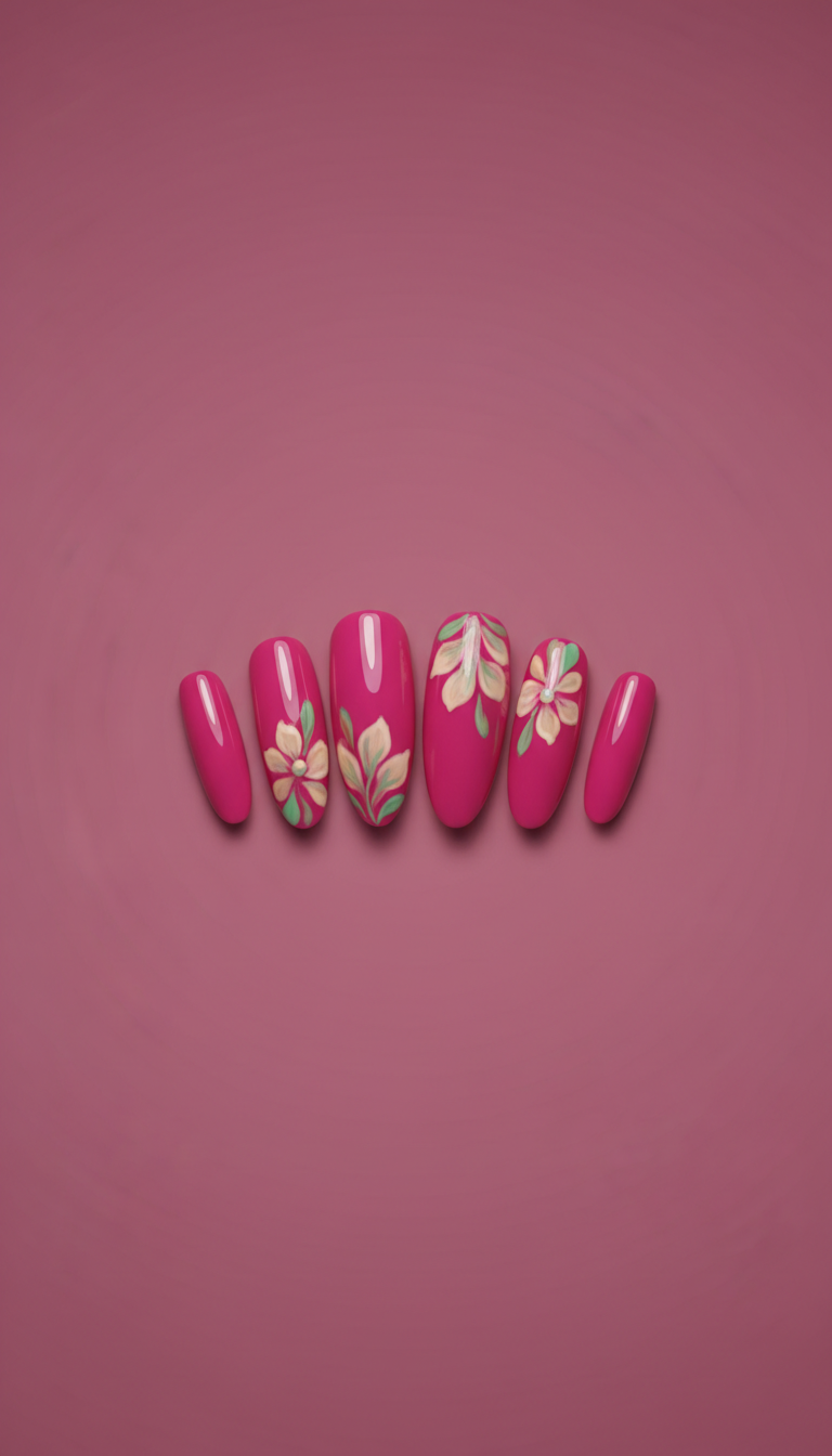 Fuchsia Blaze floral gel manicure