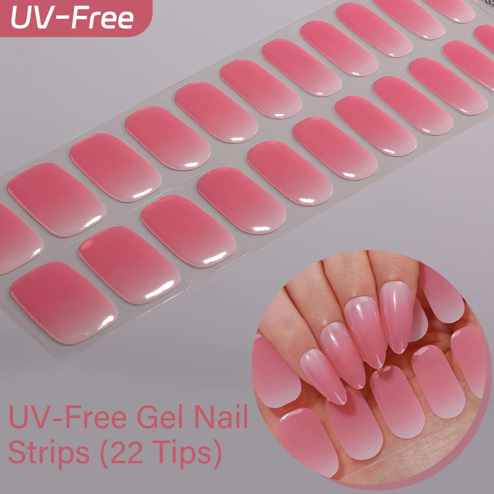 UV Free Gel Nail Strips-22 tips French Ombre Cute Kitty Print Floral HEMA-Free & TPO-Free Press-on Nail Decal - No-Lamp Required