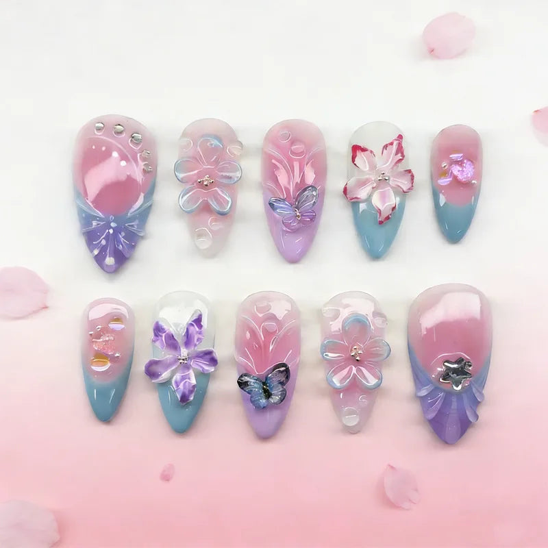 24PCS Luxury Fake Nails with Purple Aurora Gilded 3D Butterfly Floral Almond Press on Nails Sweet Cool Diamond False Nails Daily