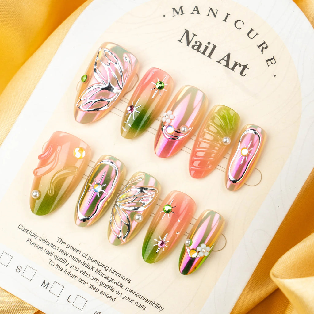 24PCS Luxury Fake Nails with Purple Aurora Gilded 3D Butterfly Floral Almond Press on Nails Sweet Cool Diamond False Nails Daily