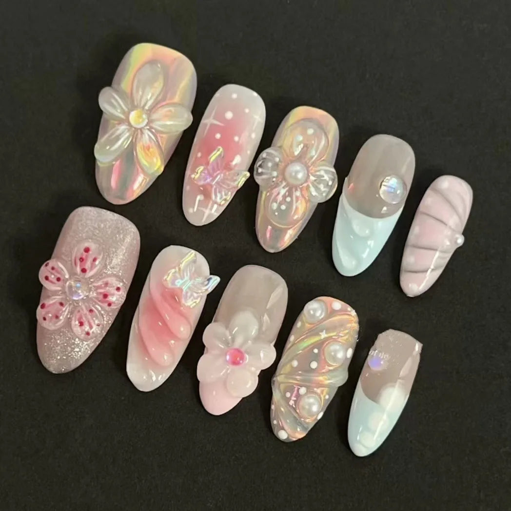 24PCS Luxury Fake Nails Gentle Blush Ombre Almond Press on Nails with 3D Floral Gold Steel Beads Design Sweet Removable Manicure