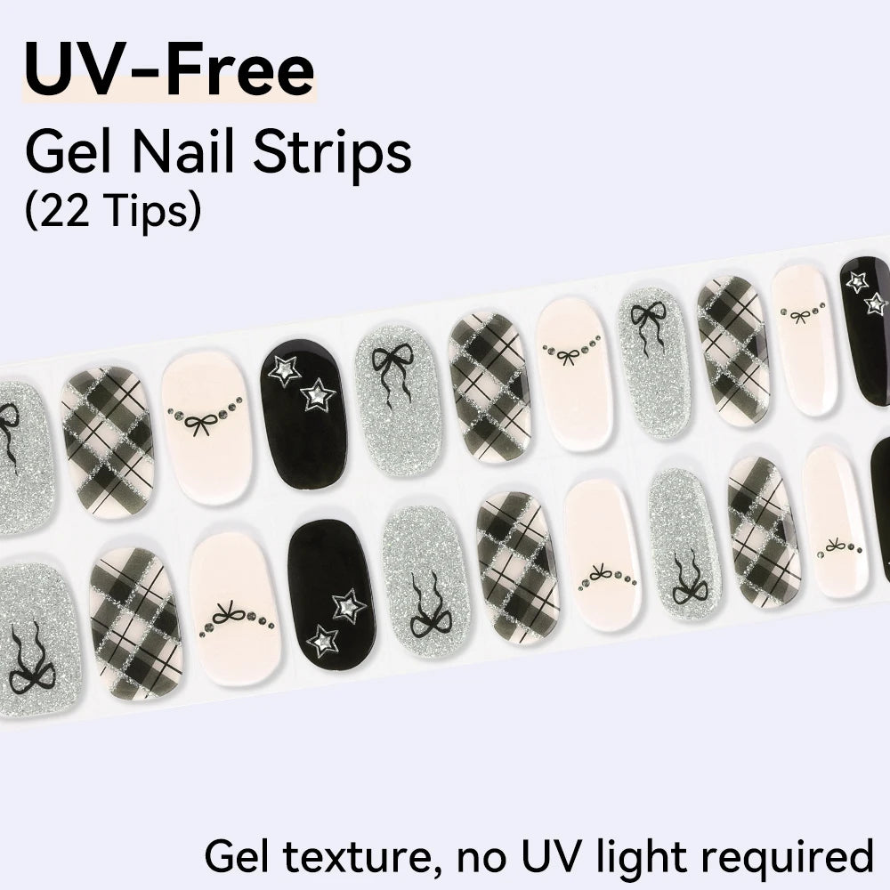 UV Free Gel Nail Strips-22 tips French Ombre Cute Kitty Print Floral HEMA-Free & TPO-Free Press-on Nail Decal - No-Lamp Required
