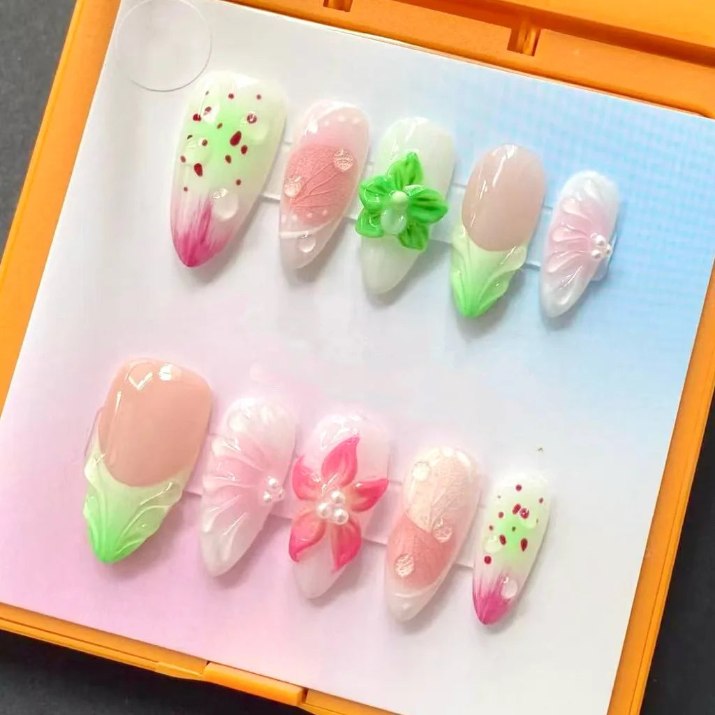 24PCS 3D Tropical Gradient Floral False Nails Almond Luxury French Design Press on Nails Vibrant Summer Sweet Style Manicure Art