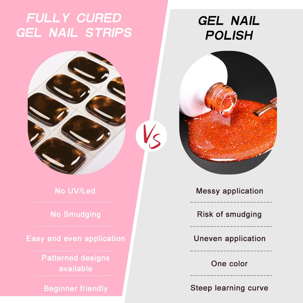 UV Free Gel Nail Strips-22 tips French Ombre Cute Kitty Print Floral HEMA-Free & TPO-Free Press-on Nail Decal - No-Lamp Required