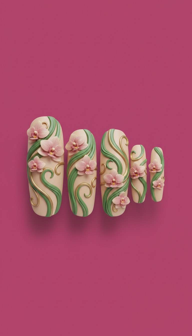 Jade Vine 3D sculpted orchid nail set