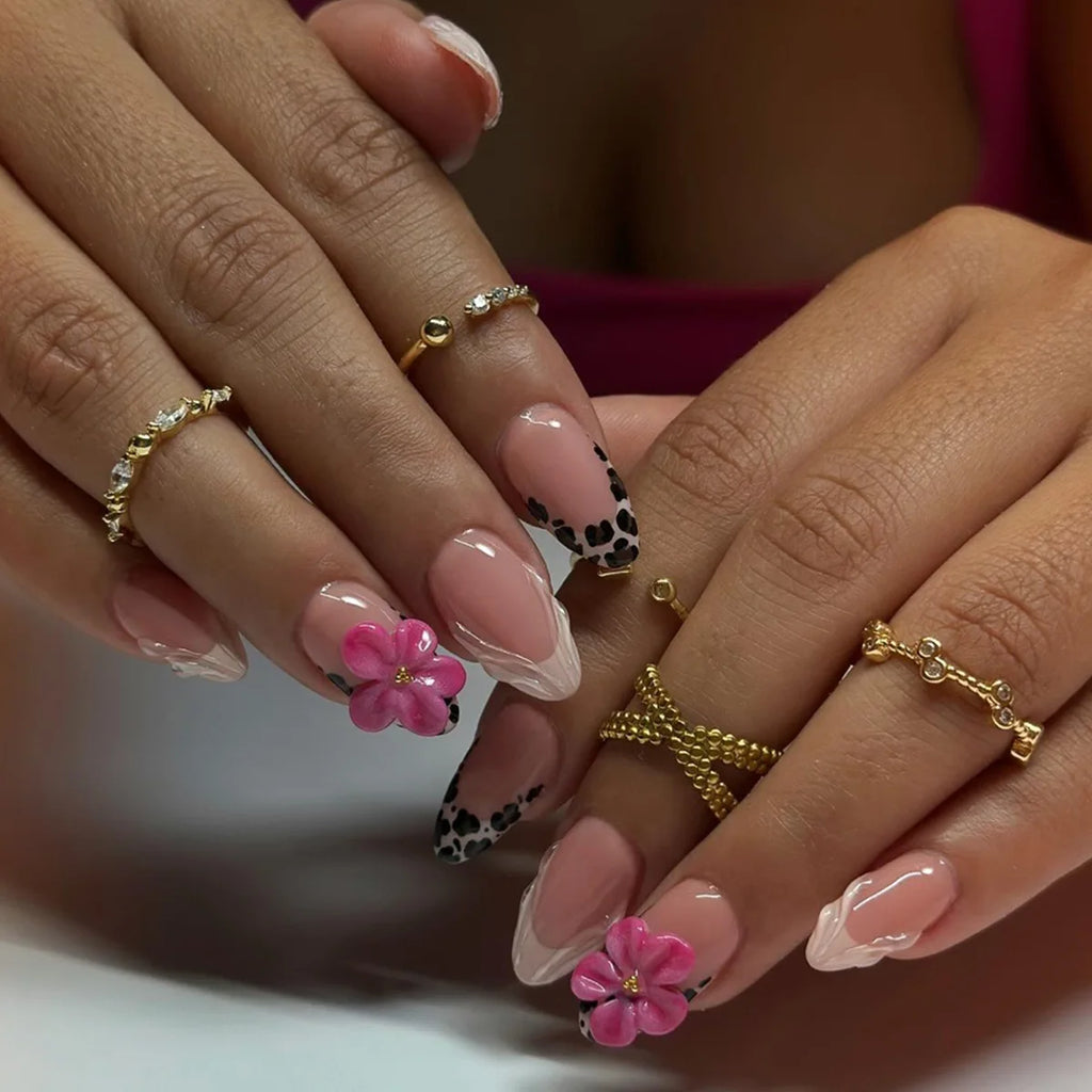 24PCS Luxury Fake Nails Gentle Blush Ombre Almond Press on Nails with 3D Floral Gold Steel Beads Design Sweet Removable Manicure