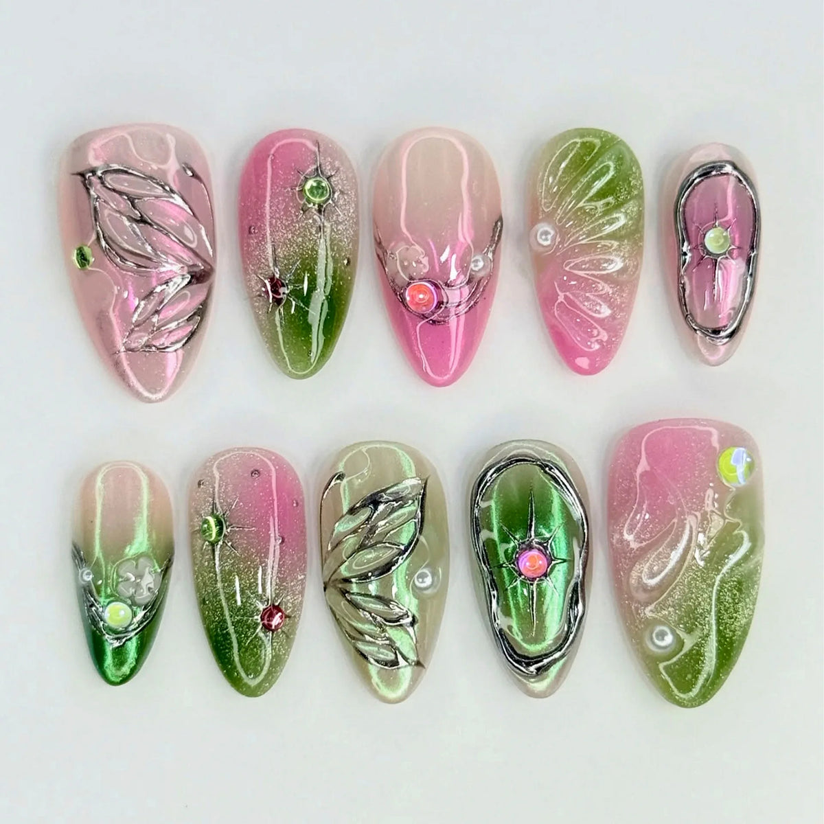 24PCS Luxury Fake Nails with Purple Aurora Gilded 3D Butterfly Floral Almond Press on Nails Sweet Cool Diamond False Nails Daily
