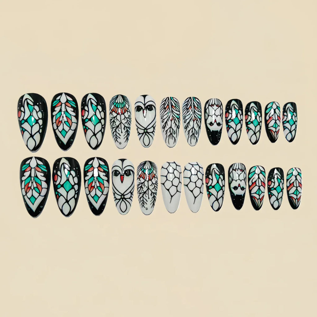 Medium long fake nails for women girls butterfly flowers cute owl design ballet square almond tips press on false nails art set
