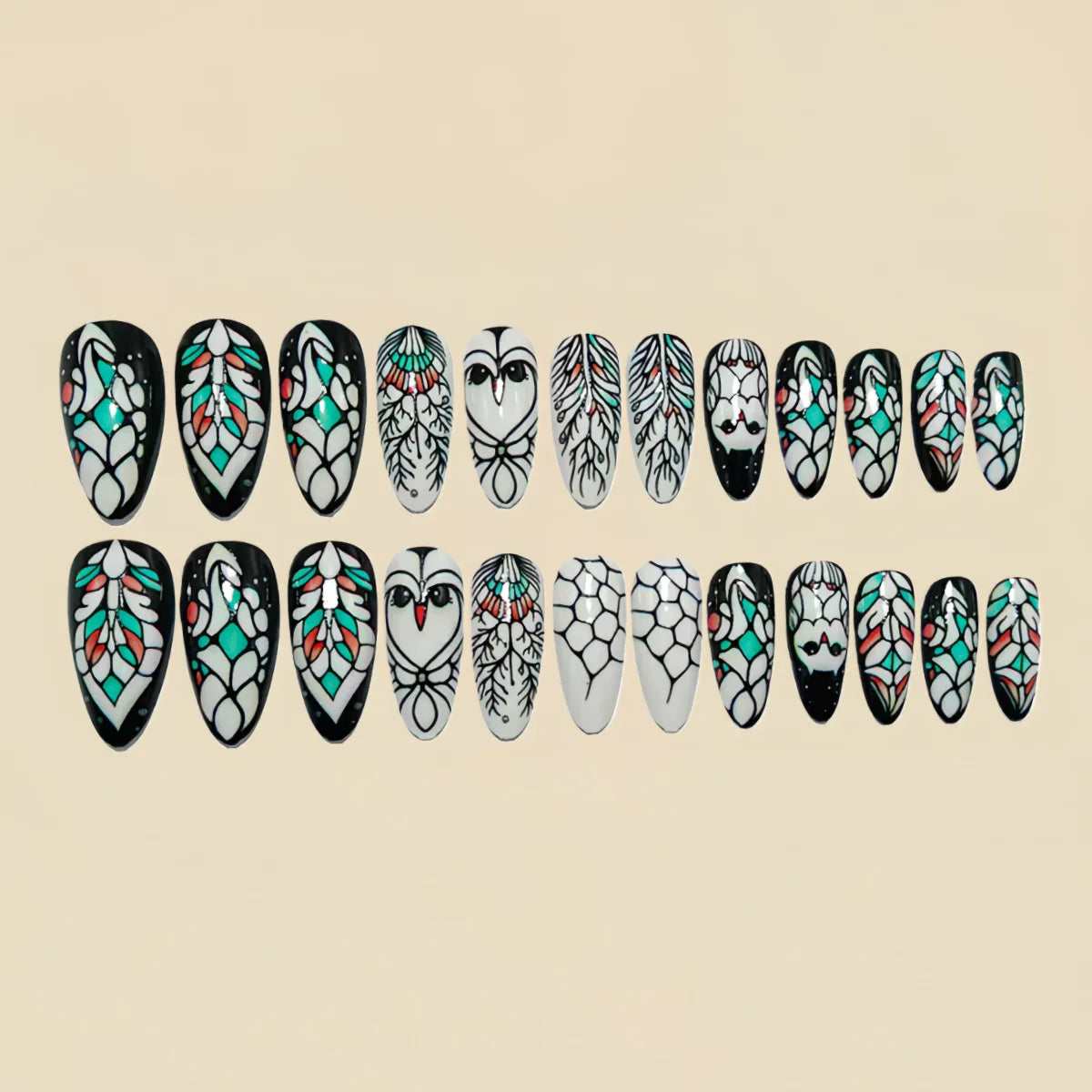 Medium long fake nails for women girls butterfly flowers cute owl design ballet square almond tips press on false nails art set