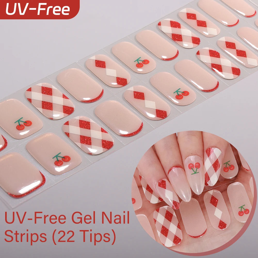 UV Free Gel Nail Strips-22 tips French Ombre Cute Kitty Print Floral HEMA-Free & TPO-Free Press-on Nail Decal - No-Lamp Required