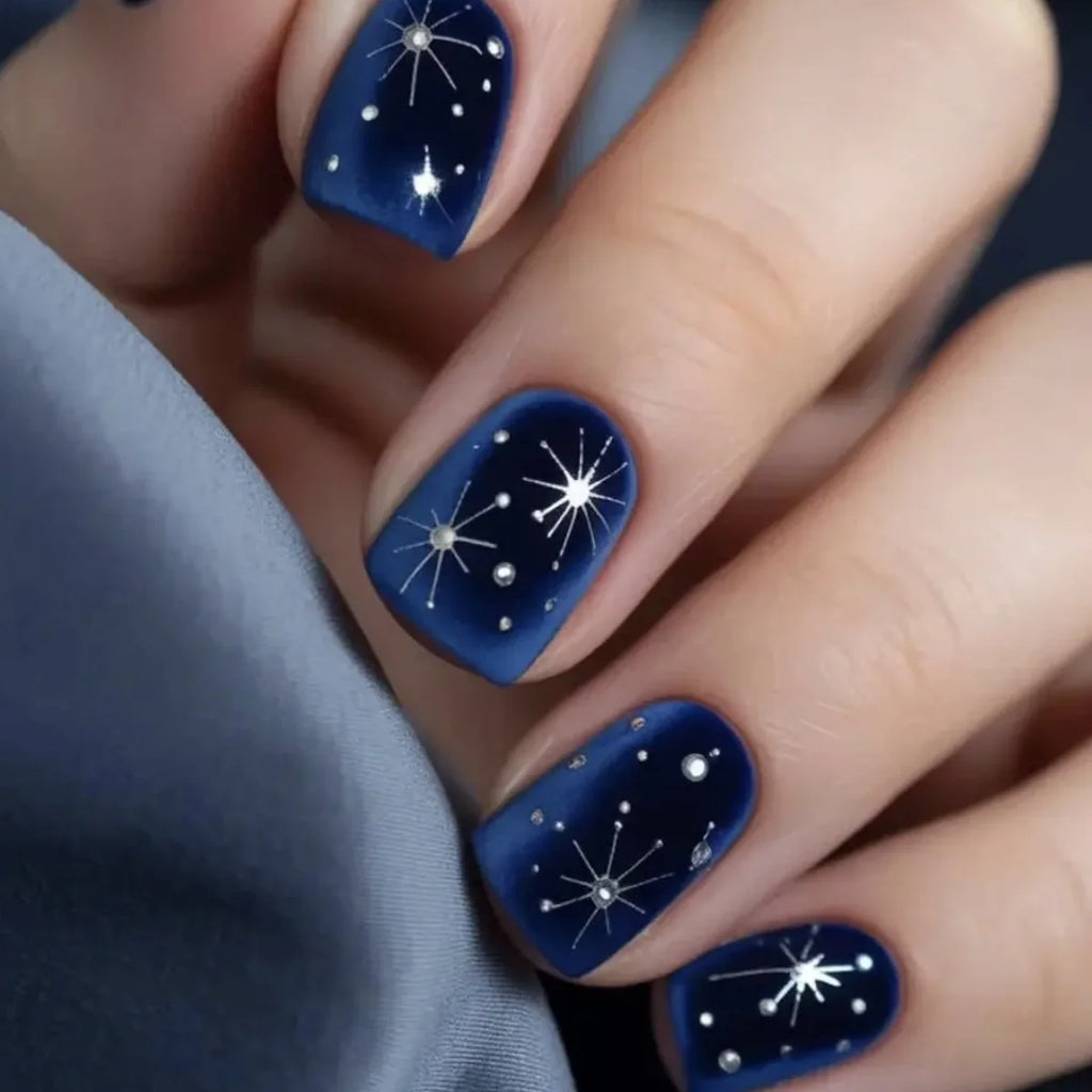 Short Medium fake nails gradient purple blue square nail tips with golden silver gilding starry stars press on false nail art