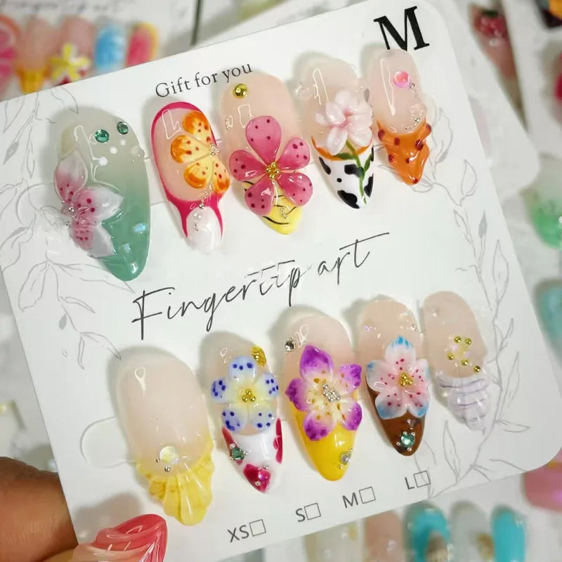 24PCS 3D Tropical Gradient Floral False Nails Almond Luxury French Design Press on Nails Vibrant Summer Sweet Style Manicure Art