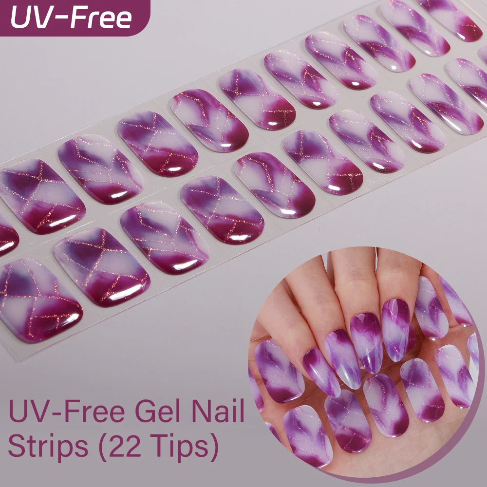 UV Free Gel Nail Strips-22 tips French Ombre Cute Kitty Print Floral HEMA-Free & TPO-Free Press-on Nail Decal - No-Lamp Required