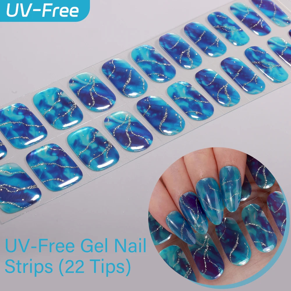 UV Free Gel Nail Strips-22 tips French Ombre Cute Kitty Print Floral HEMA-Free & TPO-Free Press-on Nail Decal - No-Lamp Required