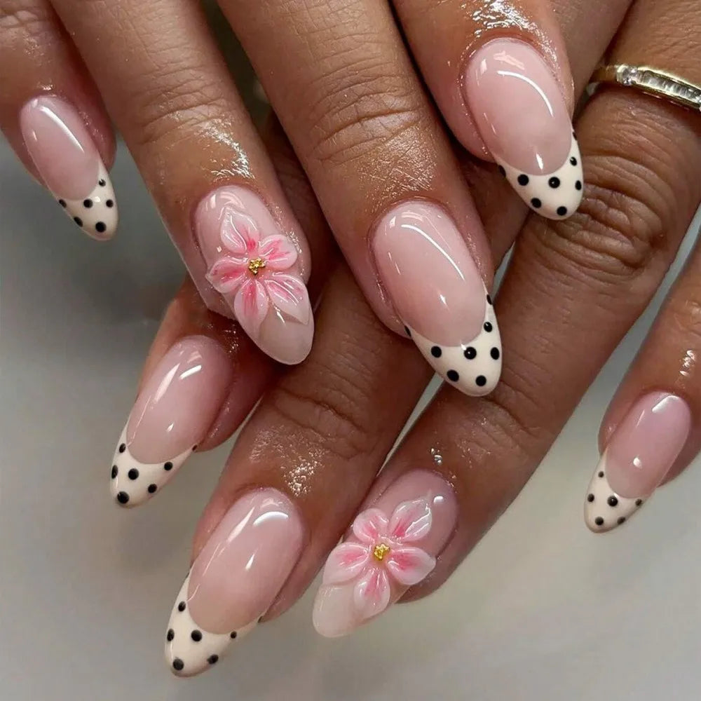 24PCS Gold Metallic Wire Velvet Marble French Fake Nails 3D Luxury Pink Camellia Floral Almond Textured Press on Nails Cozy