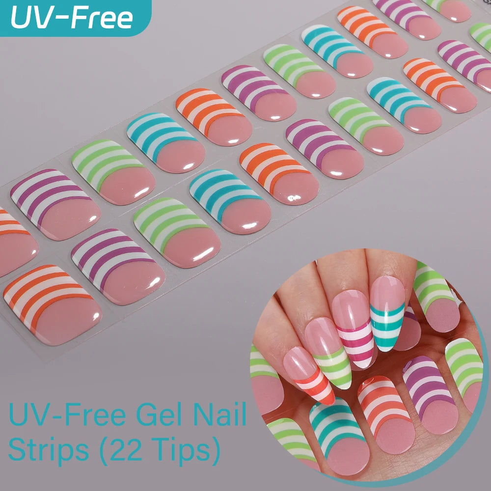 UV Free Gel Nail Strips-22 tips French Ombre Cute Kitty Print Floral HEMA-Free & TPO-Free Press-on Nail Decal - No-Lamp Required
