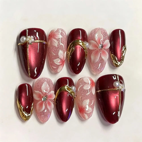 24Pcs Flower Pearl Nails Sets Press on Gilded Almond Lines False Nails Beauty Manicure Red Art Patches Tips Fake Detachable Nail