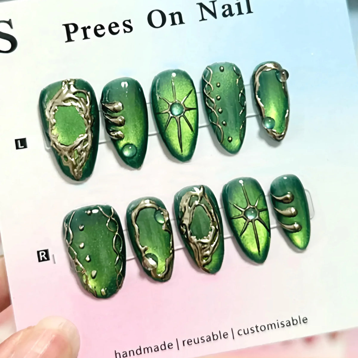 24Pcs Flower Pearl Nails Sets Press on Gilded Almond Lines False Nails Beauty Manicure Red Art Patches Tips Fake Detachable Nail