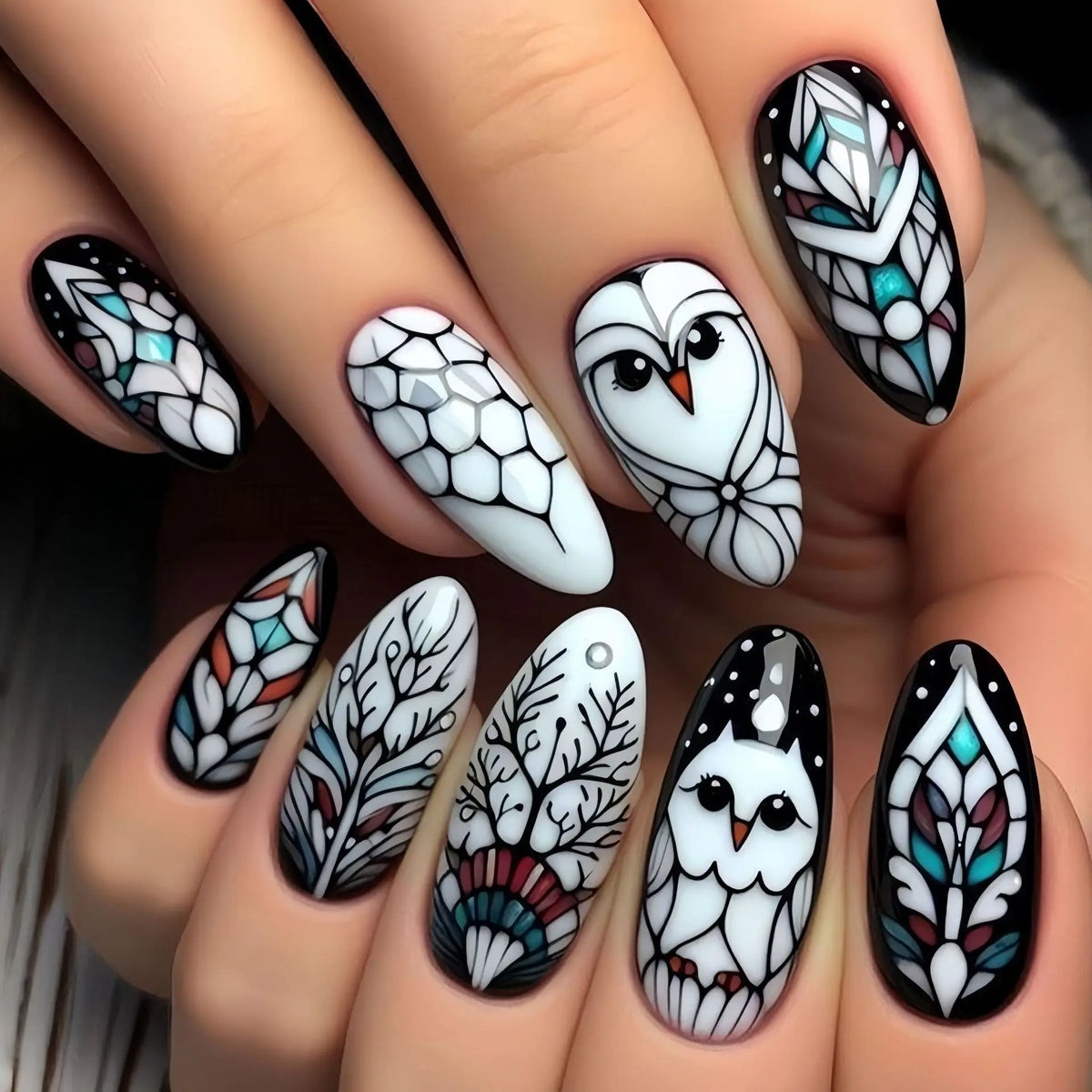 Medium long fake nails for women girls butterfly flowers cute owl design ballet square almond tips press on false nails art set
