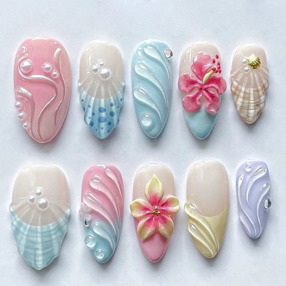 24PCS Gold Metallic Wire Velvet Marble French Fake Nails 3D Luxury Pink Camellia Floral Almond Textured Press on Nails Cozy