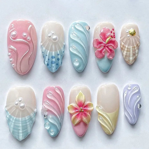 24PCS Gold Metallic Wire Velvet Marble French Fake Nails 3D Luxury Pink Camellia Floral Almond Textured Press on Nails Cozy