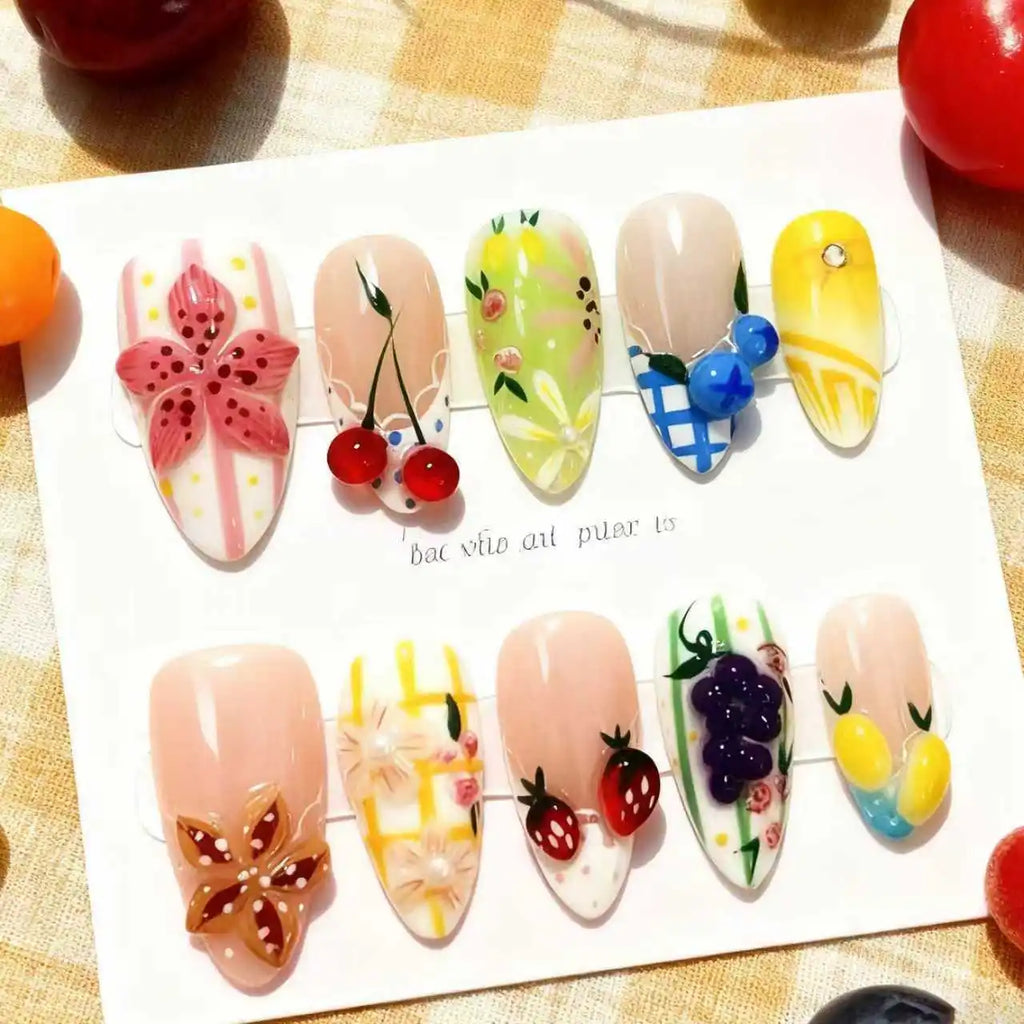 24PCS 3D Tropical Gradient Floral False Nails Almond Luxury French Design Press on Nails Vibrant Summer Sweet Style Manicure Art