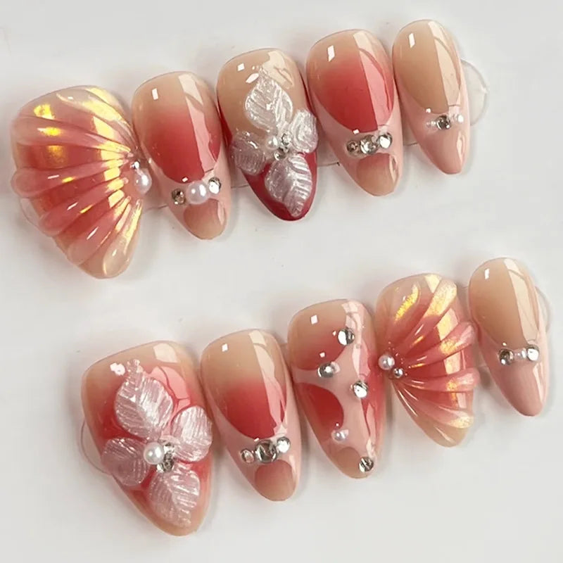 24PCS Luxury Fake Nails with Purple Aurora Gilded 3D Butterfly Floral Almond Press on Nails Sweet Cool Diamond False Nails Daily