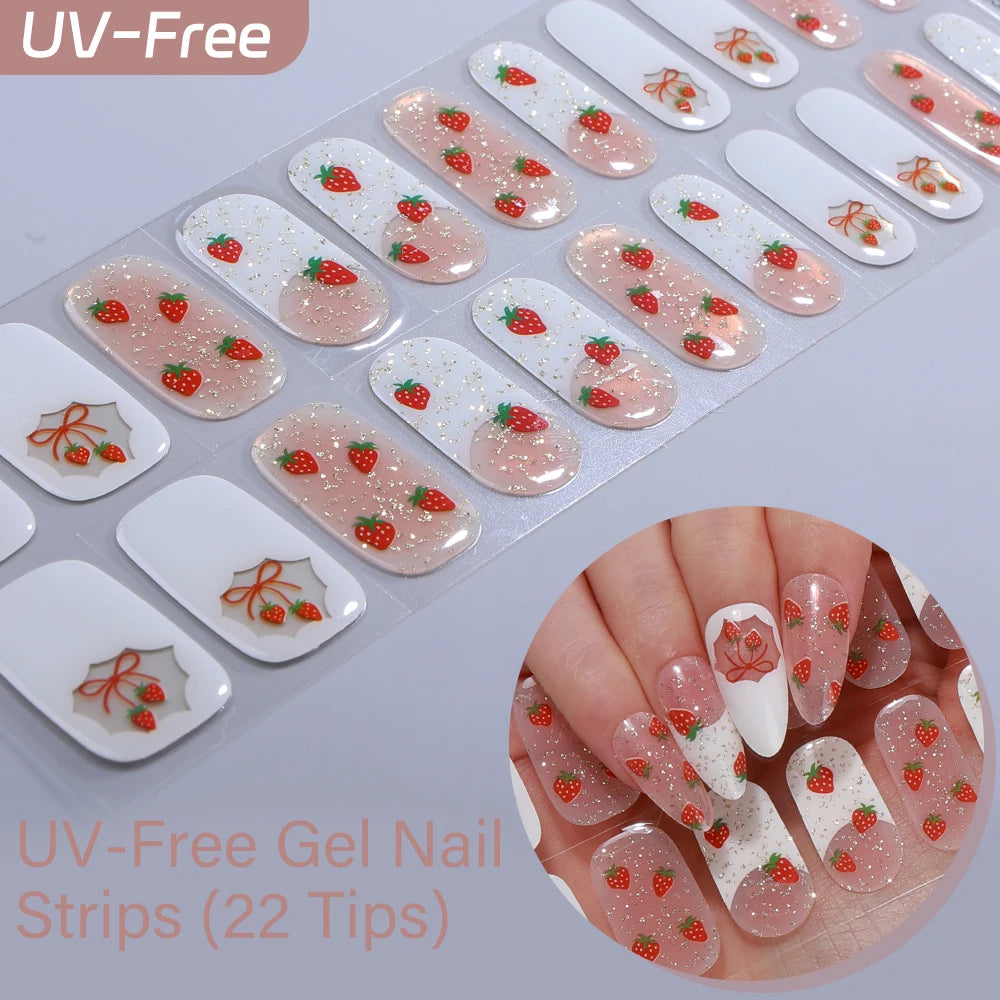 UV Free Gel Nail Strips-22 tips French Ombre Cute Kitty Print Floral HEMA-Free & TPO-Free Press-on Nail Decal - No-Lamp Required