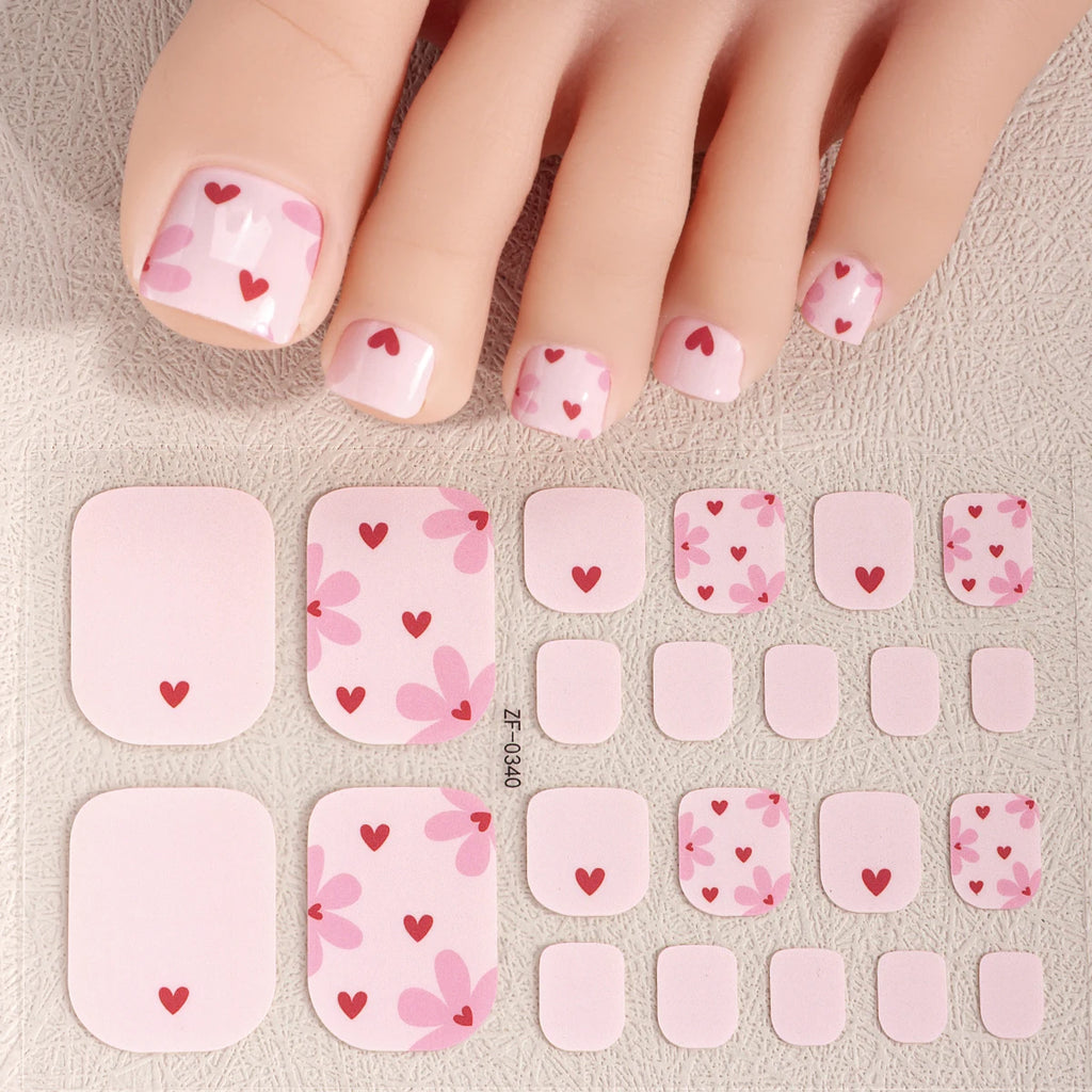 22Tips Pink Flowers Toenail Polish Sticker Summer Floral Baking Free Toe Nail Strips Full Cover DIY Foot Decoration Stickers
