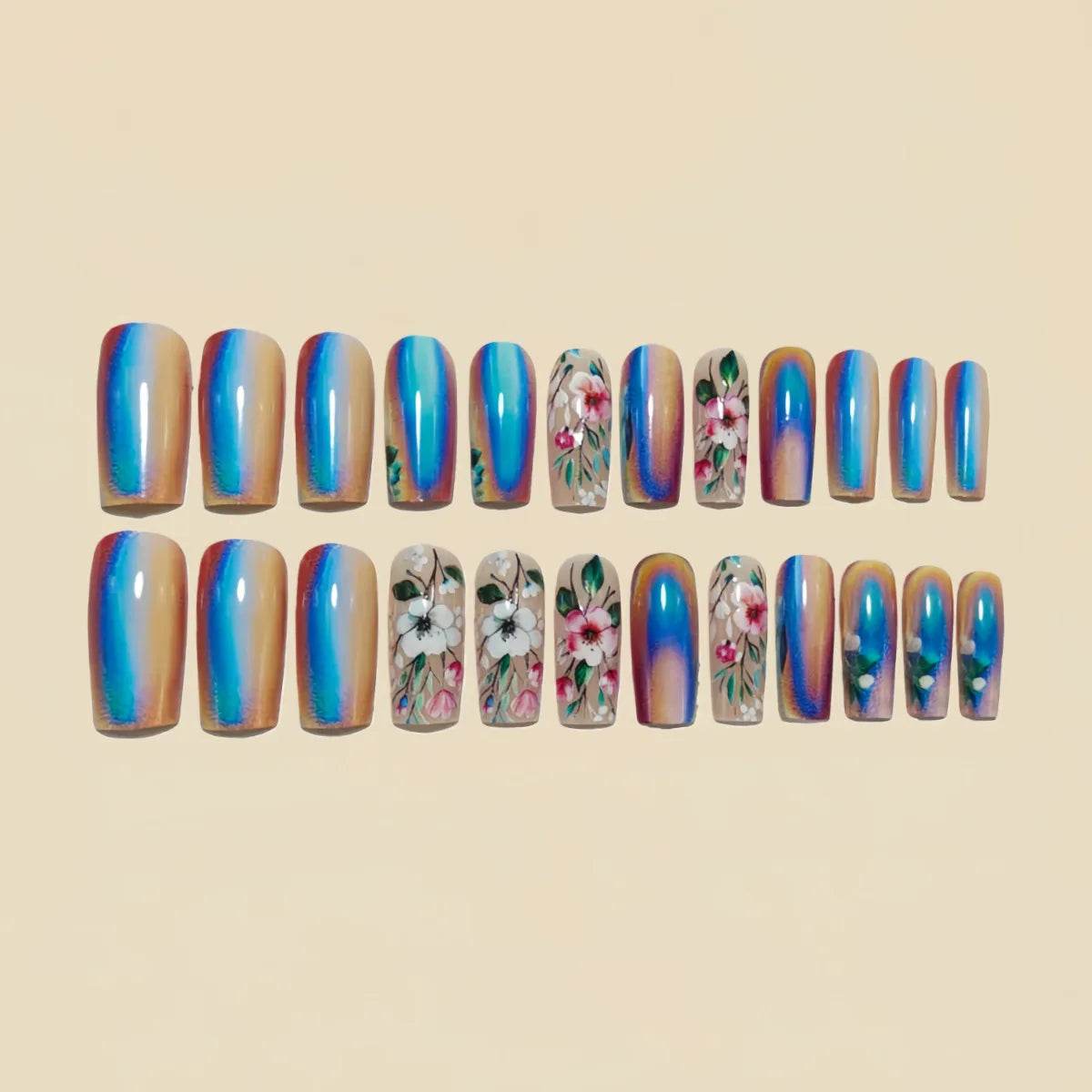 Medium long fake nails for women girls butterfly flowers cute owl design ballet square almond tips press on false nails art set
