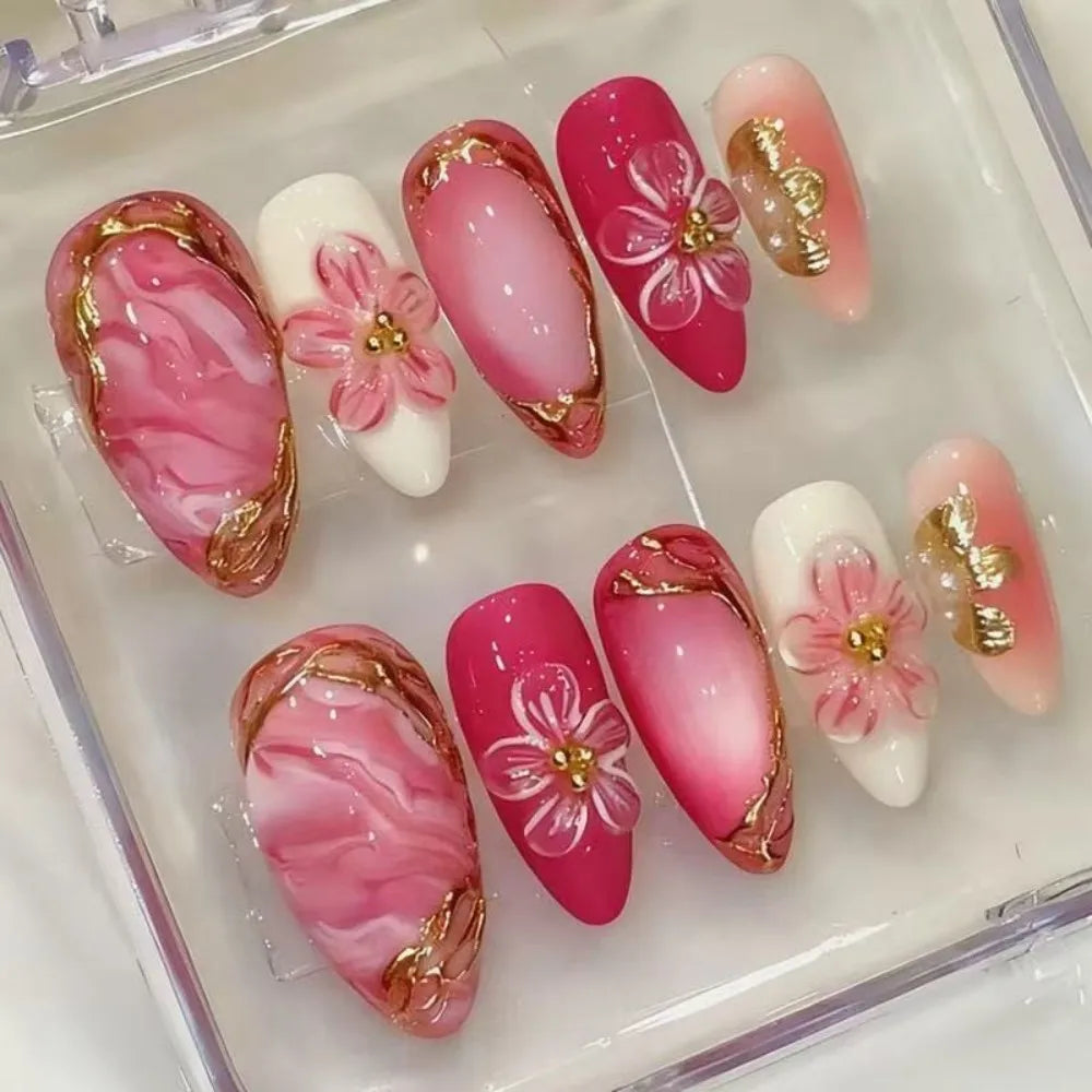 24PCS Gold Metallic Wire Velvet Marble French Fake Nails 3D Luxury Pink Camellia Floral Almond Textured Press on Nails Cozy