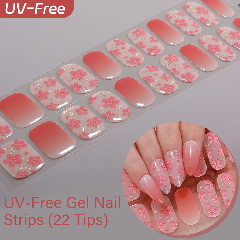 UV Free Gel Nail Strips-22 tips French Ombre Cute Kitty Print Floral HEMA-Free & TPO-Free Press-on Nail Decal - No-Lamp Required