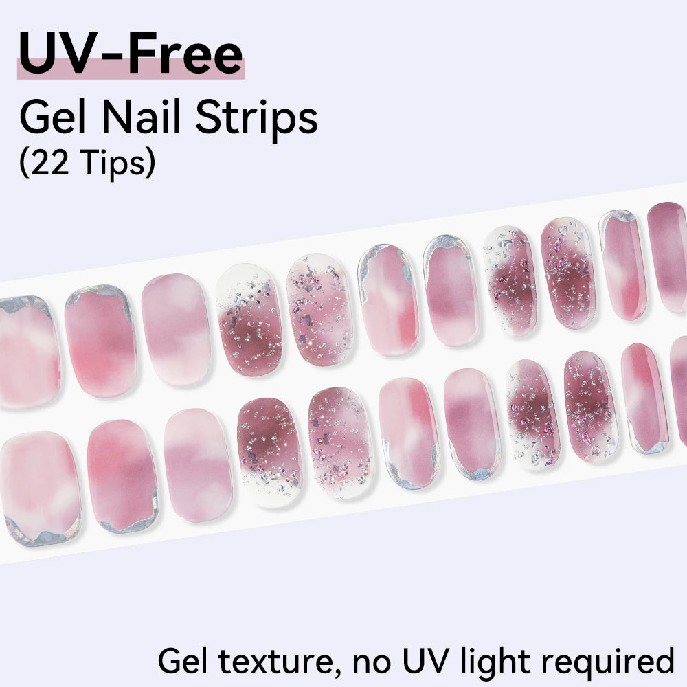 UV Free Gel Nail Strips-22 tips French Ombre Cute Kitty Print Floral HEMA-Free & TPO-Free Press-on Nail Decal - No-Lamp Required