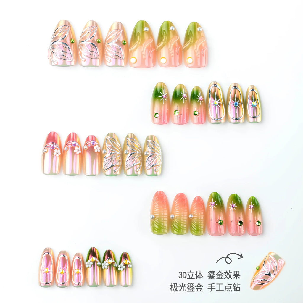 24PCS Luxury Fake Nails with Purple Aurora Gilded 3D Butterfly Floral Almond Press on Nails Sweet Cool Diamond False Nails Daily