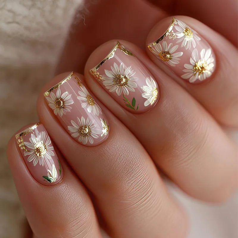 24pcs Spring and Summer Press on Nails Golden and White Flowers Fake Nails Beautiful women's False Nails with Sticky Tabs 2026