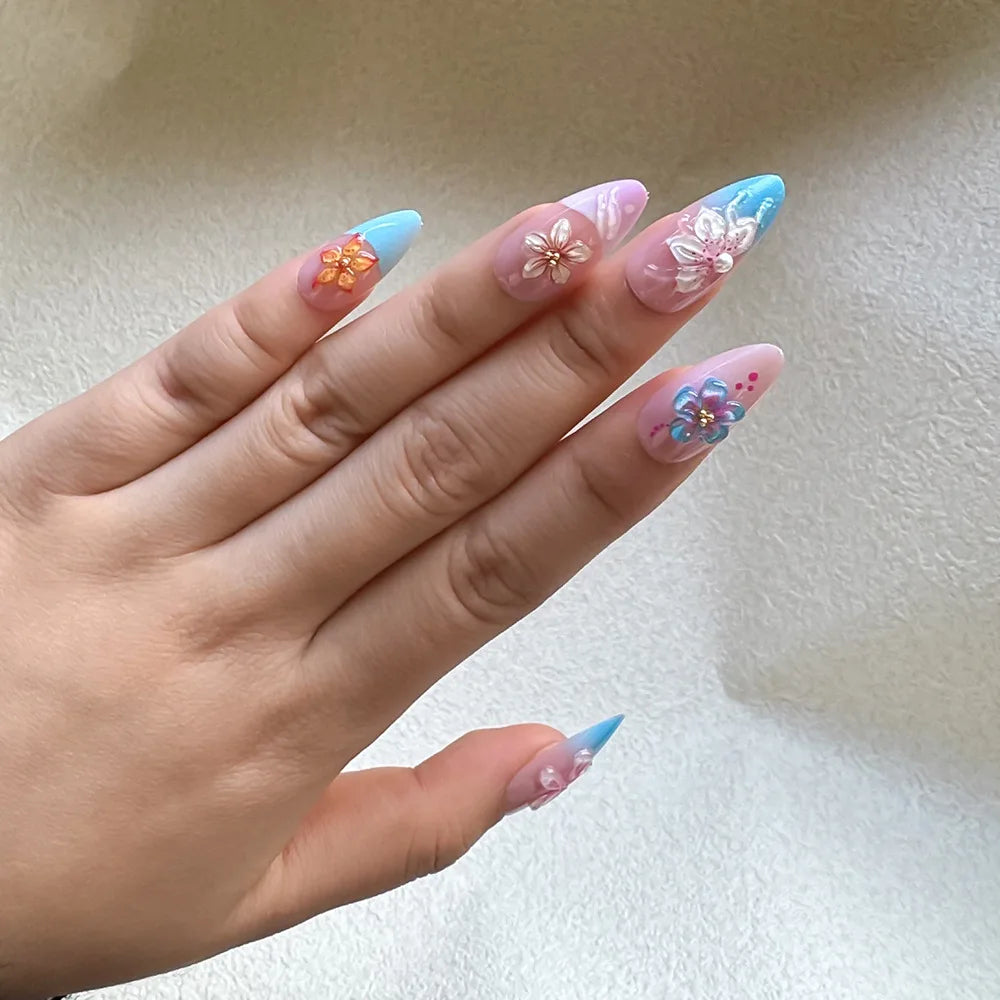 24PCS 3D Tropical Gradient Floral False Nails Almond Luxury French Design Press on Nails Vibrant Summer Sweet Style Manicure Art