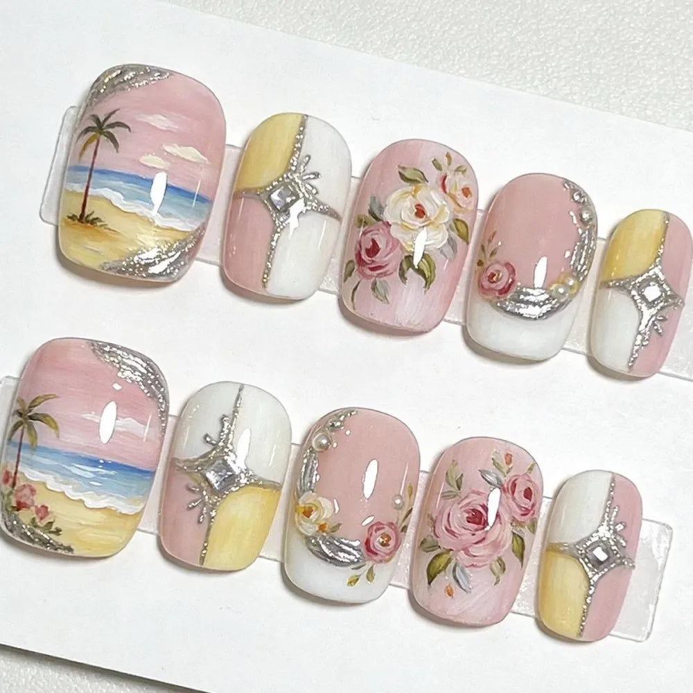 24PCS Gold Metallic Wire Velvet Marble French Fake Nails 3D Luxury Pink Camellia Floral Almond Textured Press on Nails Cozy