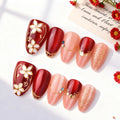 24Pcs Flower Pearl Nails Sets Press on Gilded Almond Lines False Nails Beauty Manicure Red Art Patches Tips Fake Detachable Nail