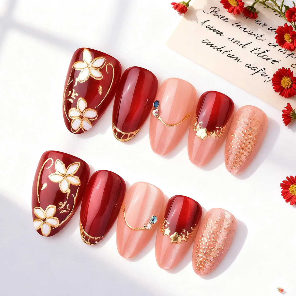 24Pcs Flower Pearl Nails Sets Press on Gilded Almond Lines False Nails Beauty Manicure Red Art Patches Tips Fake Detachable Nail