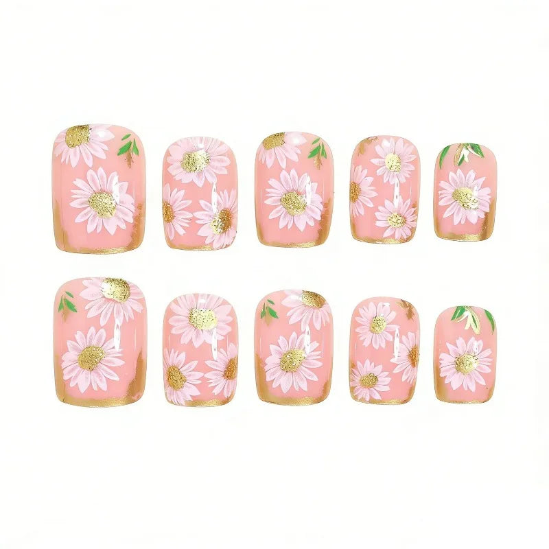 24pcs Spring and Summer Press on Nails Golden and White Flowers Fake Nails Beautiful women's False Nails with Sticky Tabs 2026