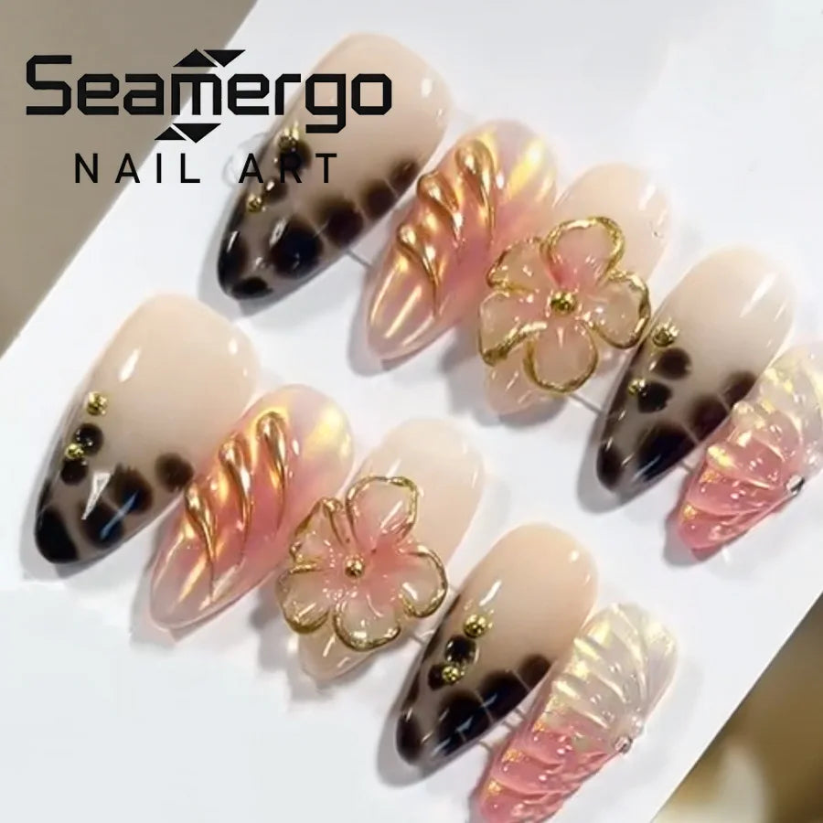 24PCS Luxury Fake Nails Gentle Blush Ombre Almond Press on Nails with 3D Floral Gold Steel Beads Design Sweet Removable Manicure