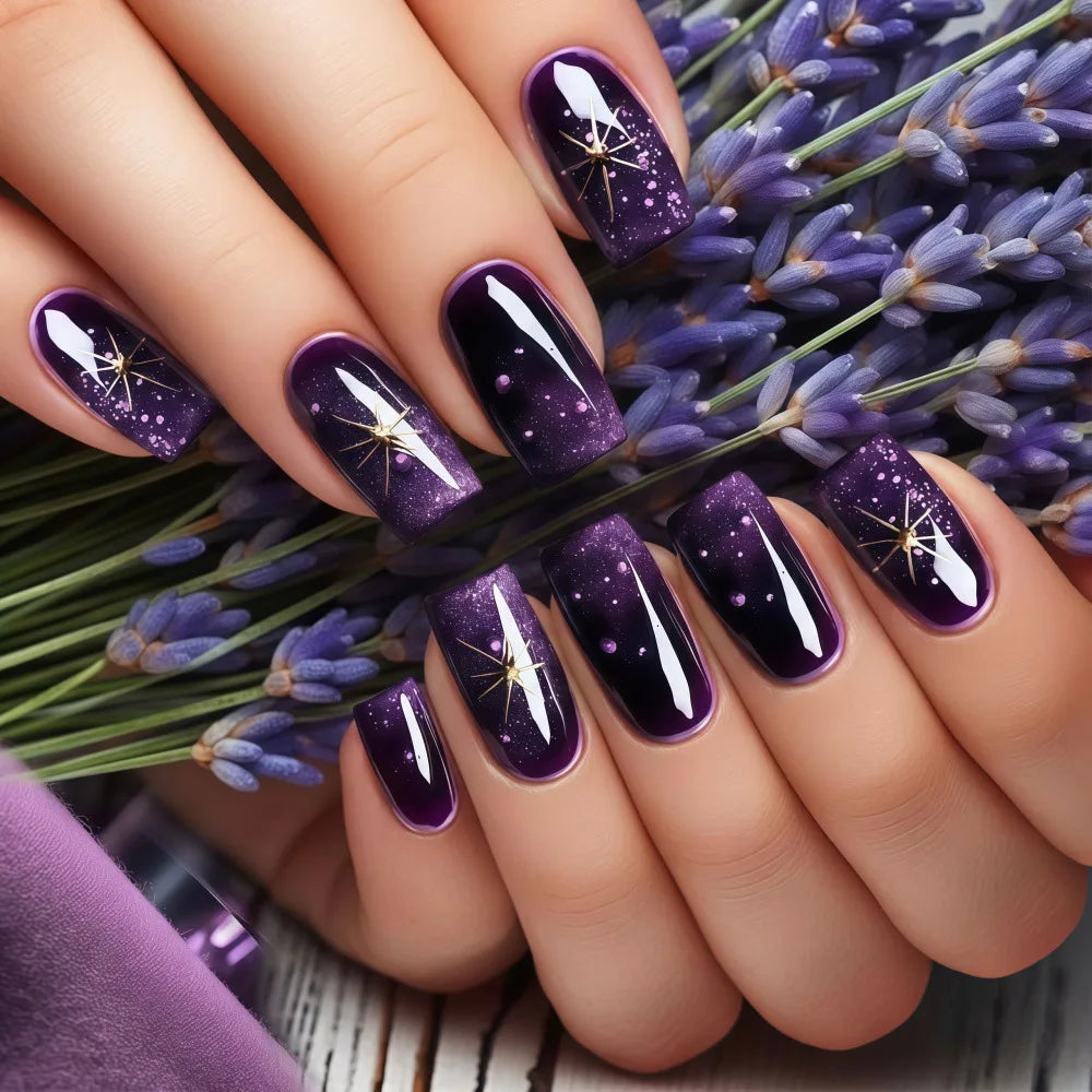 Short Medium fake nails gradient purple blue square nail tips with golden silver gilding starry stars press on false nail art
