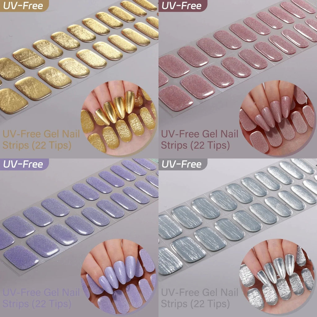 UV Free Gel Nail Strips-22 tips French Ombre Cute Kitty Print Floral HEMA-Free & TPO-Free Press-on Nail Decal - No-Lamp Required