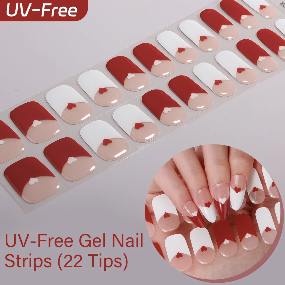 UV Free Gel Nail Strips-22 tips French Ombre Cute Kitty Print Floral HEMA-Free & TPO-Free Press-on Nail Decal - No-Lamp Required