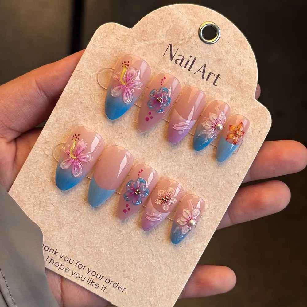 24PCS 3D Tropical Gradient Floral False Nails Almond Luxury French Design Press on Nails Vibrant Summer Sweet Style Manicure Art