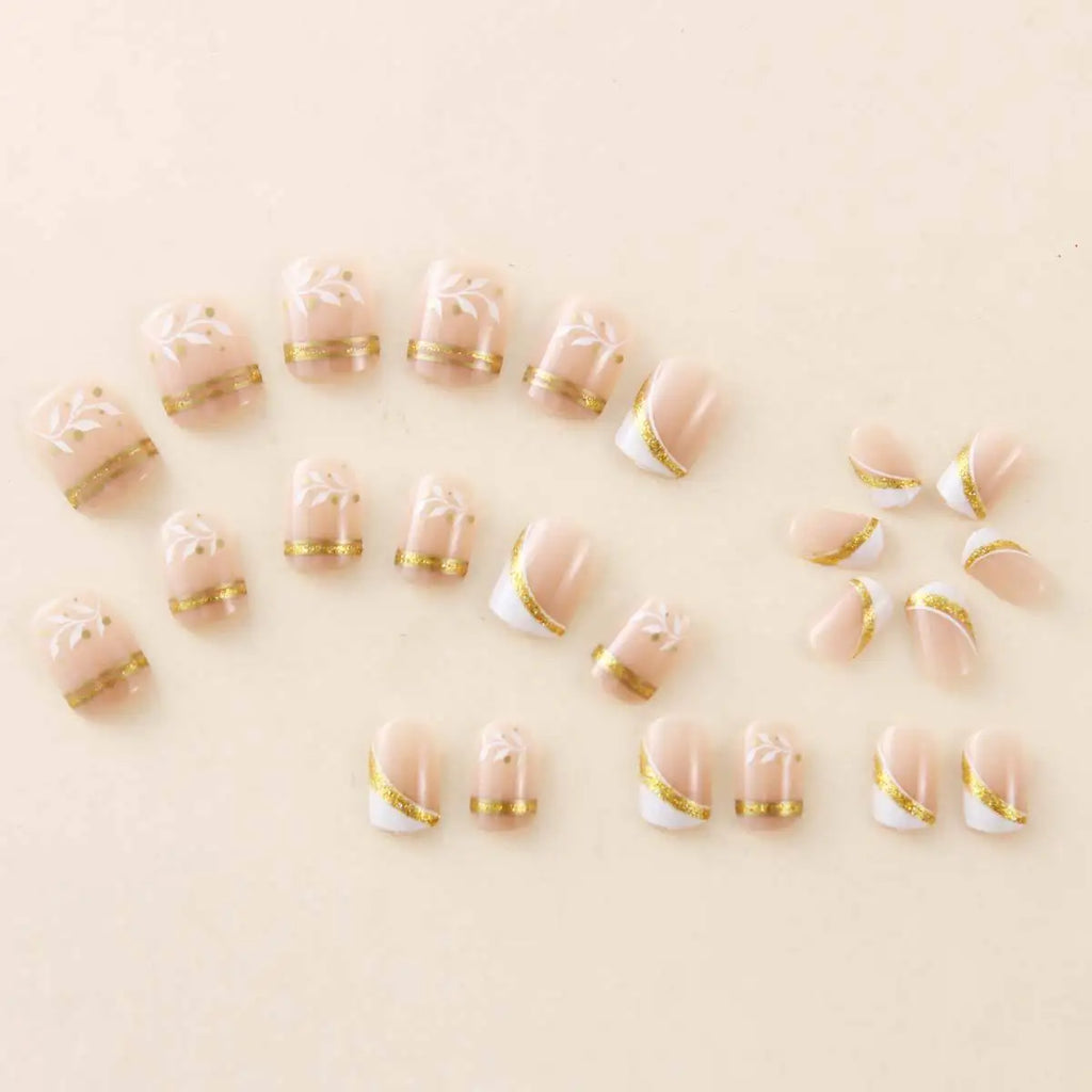 Short Medium fake nails for women gilrs french square nail tips golden glitters strips leaf heart design press on false nails
