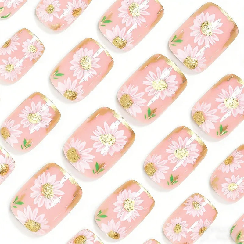 24pcs Spring and Summer Press on Nails Golden and White Flowers Fake Nails Beautiful women's False Nails with Sticky Tabs 2026