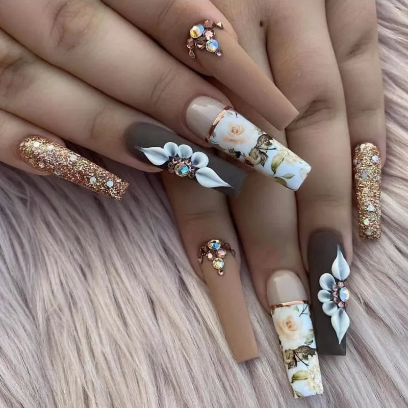 Medium long fake nails for women girls butterfly flowers cute owl design ballet square almond tips press on false nails art set