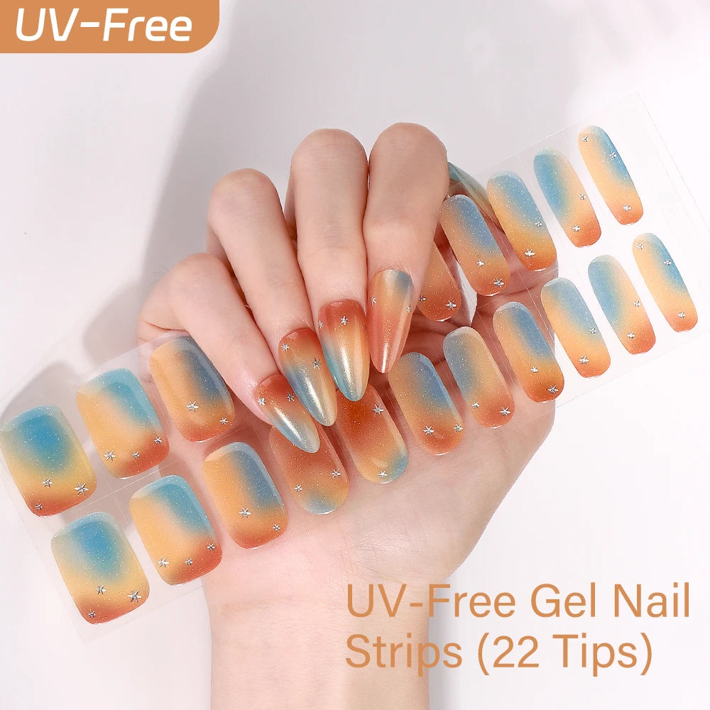 UV Free Gel Nail Strips-22 tips French Ombre Cute Kitty Print Floral HEMA-Free & TPO-Free Press-on Nail Decal - No-Lamp Required